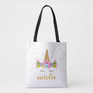 Cute Unicorn Girly Tote bag with Custom Name