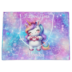 Cute Unicorn Glitter I Love You Personalized Name Large Gift Bag