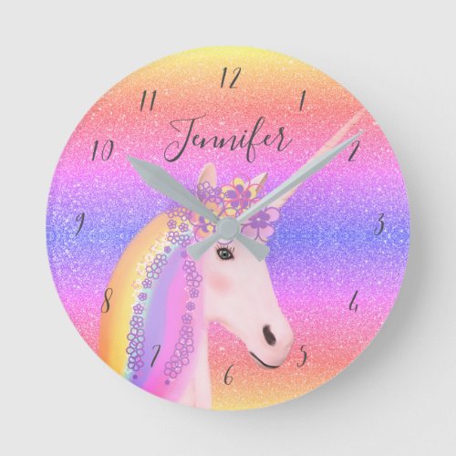 Cute Unicorn Glitter Rainbow Kids Monogram Name Round Clock