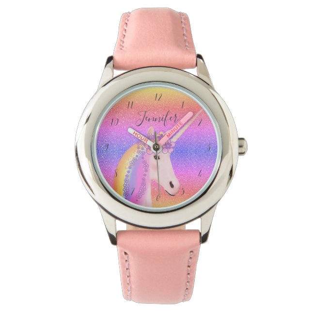 Cute Unicorn Glitter Rainbow Personalized Kids Watch (Front)