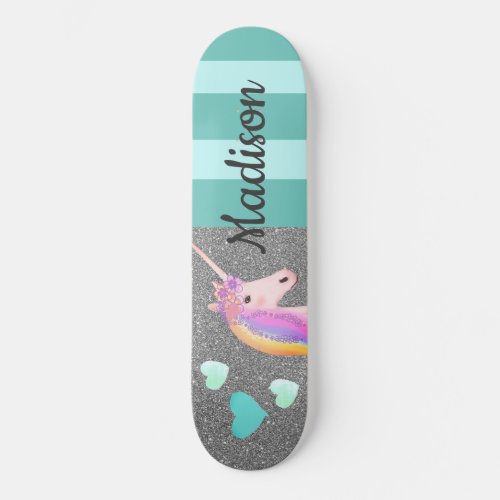 Cute Unicorn Glitter Teal Hearts Kids Personalized Skateboard