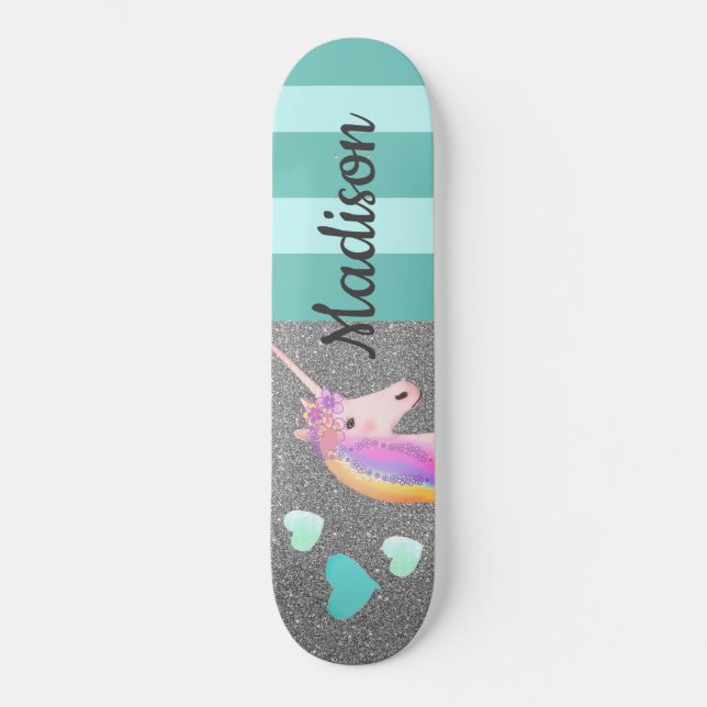 Cute Unicorn Glitter Teal Hearts Kids Personalized Skateboard (Front)