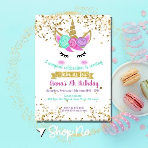 Cute Unicorn Gold Glitter Girls Magical Birthday Invitation