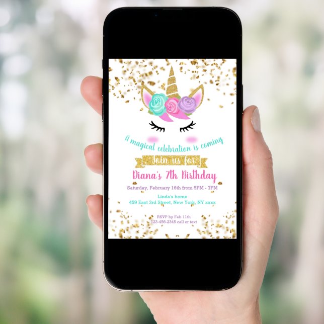 Cute Unicorn Gold Glitter Girl's Magical Birthday Invitation (Front Digital)
