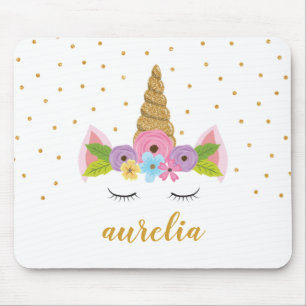 Cute Unicorn Gold Glitter Girly Custom Name Mouse Pad