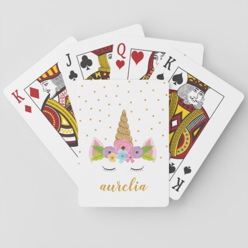Cute Unicorn Gold Glitter Girly Custom Name Poker Cards
