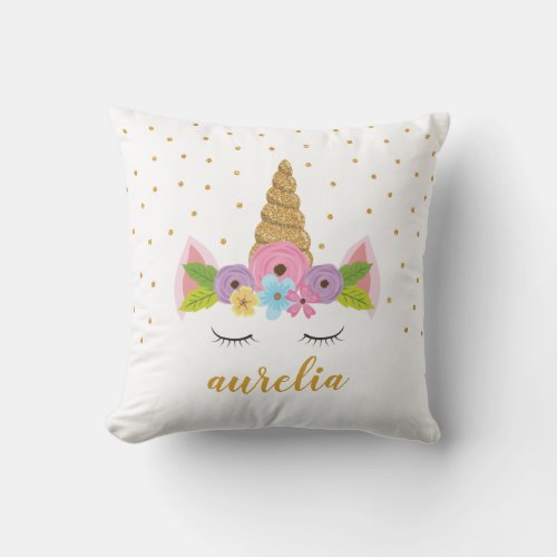 Cute Unicorn Gold Glitter Girly Custom Name Throw Pillow