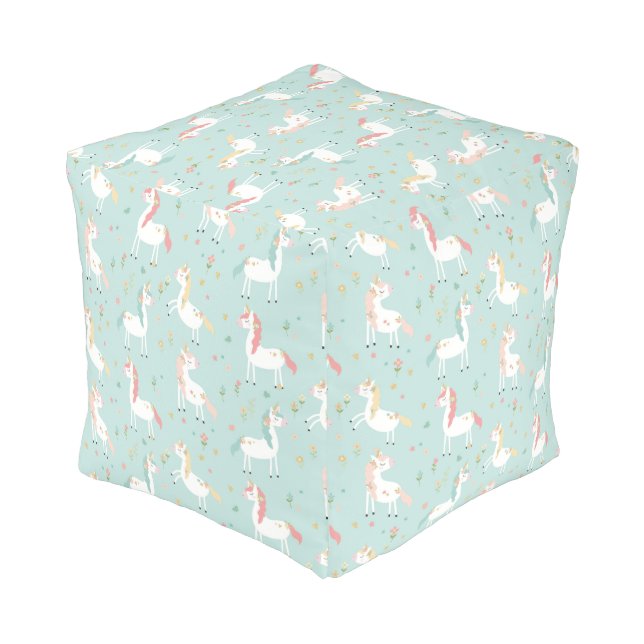 Cute Unicorn Gold Glitter Pastel Aqua Blue Pouf (Angled Back)