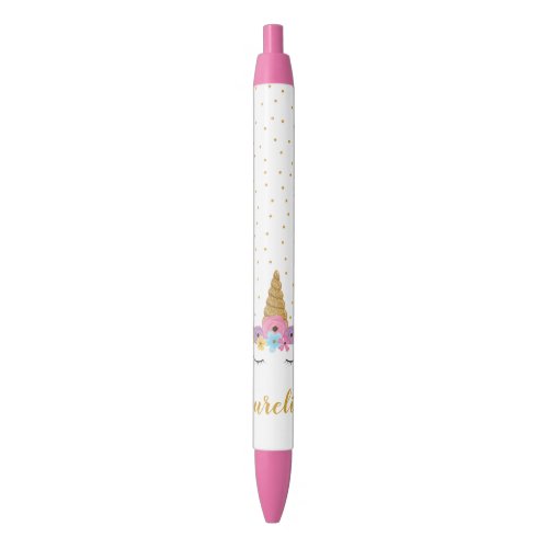 Cute Unicorn Gold Glitter Pink Chic Custom Name Black Ink Pen