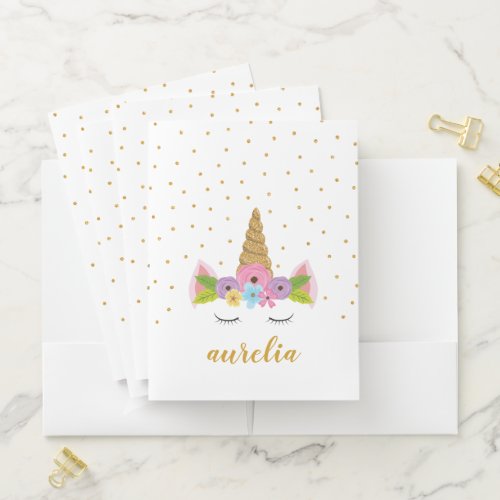 Cute Unicorn Gold Glitter Pink Floral Custom Name Pocket Folder