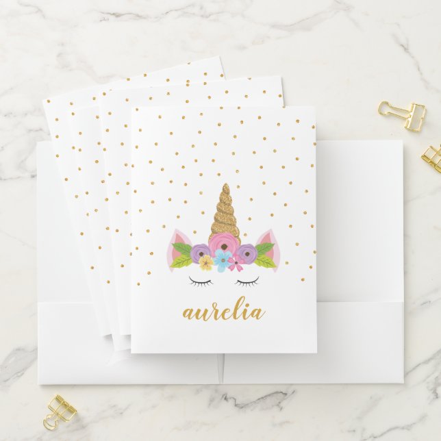 Cute Unicorn Gold Glitter Pink Floral Custom Name Pocket Folder (In Situ)