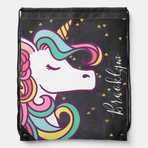 Cute Unicorn Gold Shimmer Triangles Add Your Name Drawstring Bag