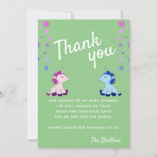 Cute Unicorn Green Twins Boy and Girl Baby Shower Thank You Card