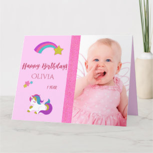 Cute unicorn happy 1st birthday with photo card