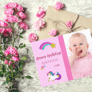 Cute unicorn happy 1st birthday with photo postcard