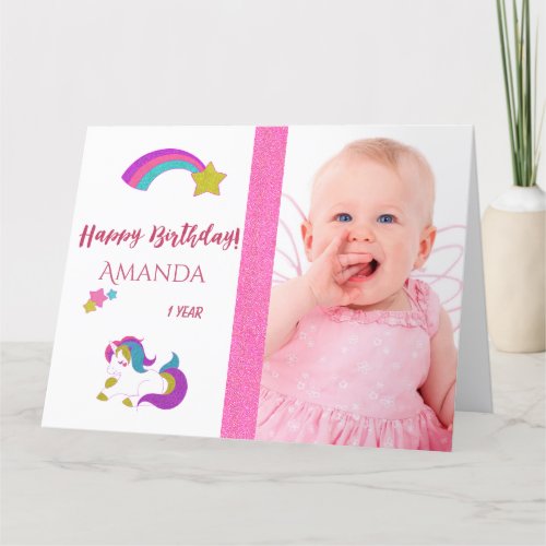 Cute unicorn happy 1st magical birthday with photo card