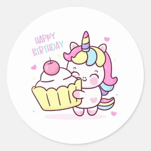 Cute Unicorn Happy Birthday Cake Classic Round Sticker