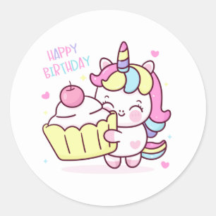 Cute Unicorn Happy Birthday Cake Classic Round Sticker