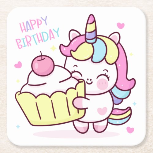 Cute Unicorn Happy Birthday Cake  Square Paper Coaster