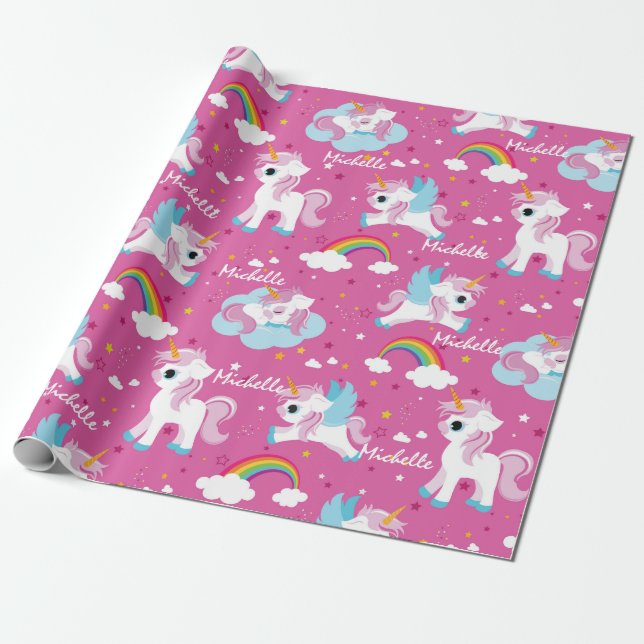 Cute unicorn Happy birthday pink girly Wrapping Paper (Unrolled)