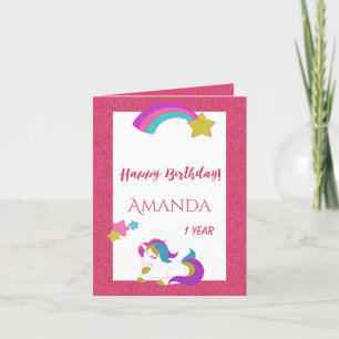 Cute unicorn happy magical day 1st birthday white card