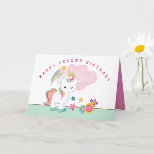 Cute Unicorn Happy Second Birthday Card