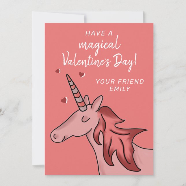 Cute Unicorn Heart Kids Classroom Valentine`s day Holiday Card (Front)