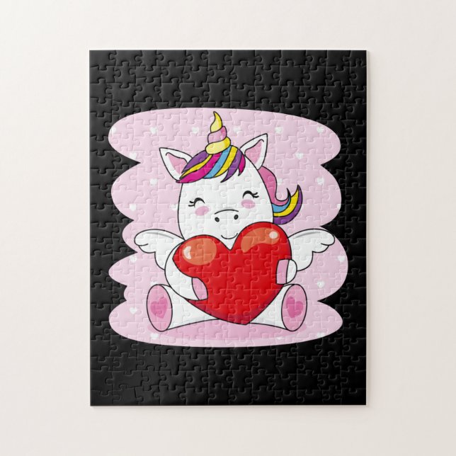 Cute Unicorn Heart Valentines Day Girls Kids Jigsaw Puzzle (Vertical)