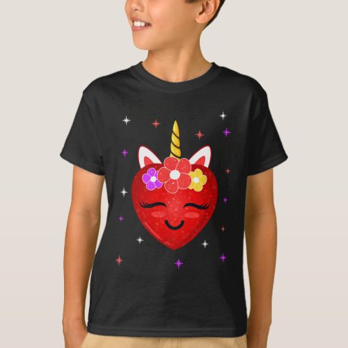 Cute Unicorn Heart Valentines Day Girls Kids  T_Shirt