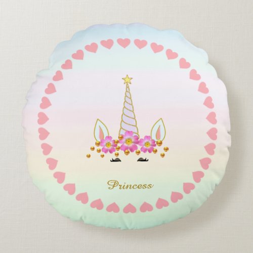 Cute Unicorn Hearts Flowers  Gold Confetti Round Pillow