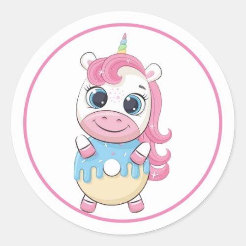 Cute Unicorn Holding a Donut  Classic Round Sticker