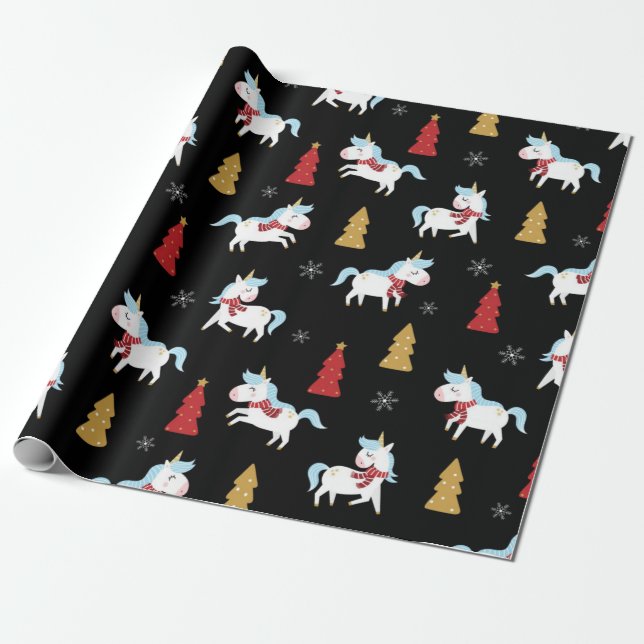 Cute Unicorn Holiday Pattern Wrapping Paper (Unrolled)