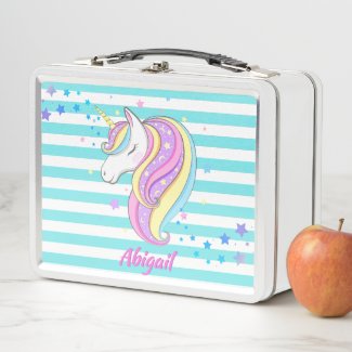 Cute Unicorn Holographic Stars Aqua Stripes