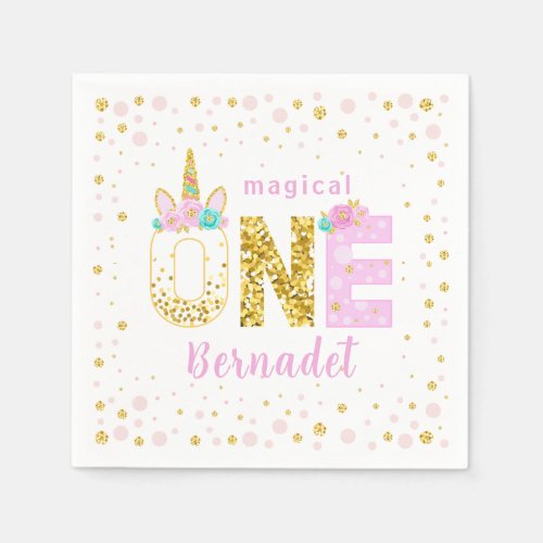 Cute Unicorn Horn 1st Birthday Gold Glitter Napkin