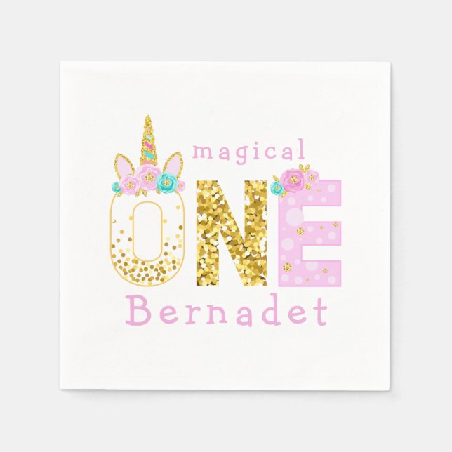 Cute Unicorn Horn 1st Birthday Gold Glitter Napkins (Front)