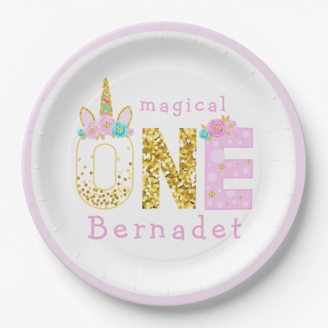Cute Unicorn Horn 1st Birthday Gold Glitter Paper Plates (Front)