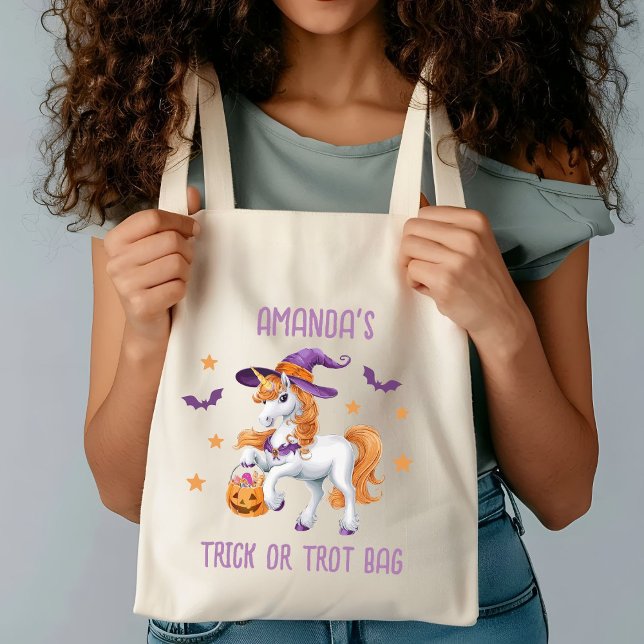 Cute Unicorn Horse Trick or Treat Personalized Tote Bag (Creator Uploaded)