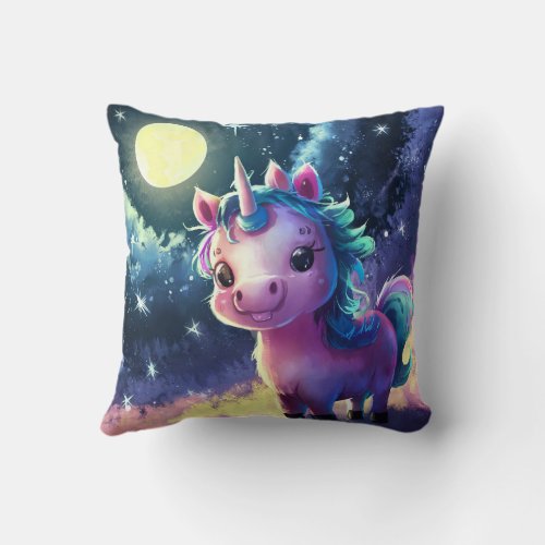 Cute Unicorn Horse under Full Moon Light Throw Pillow