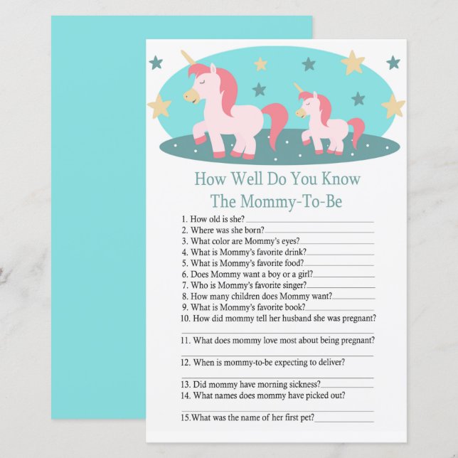Cute Unicorn how well do you know baby shower game (Front/Back)
