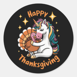 Cute Unicorn Hugs Turkey Happy Thanksgiving Girls  Classic Round Sticker