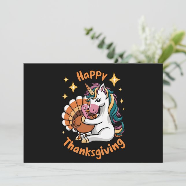 Cute Unicorn Hugs Turkey Happy Thanksgiving Girls  Invitation (Standing Front)