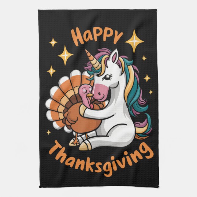 Cute Unicorn Hugs Turkey Happy Thanksgiving Girls  Kitchen Towel (Vertical)