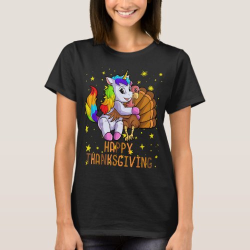 Cute Unicorn Hugs Turkey Happy Thanksgiving Girls T_Shirt