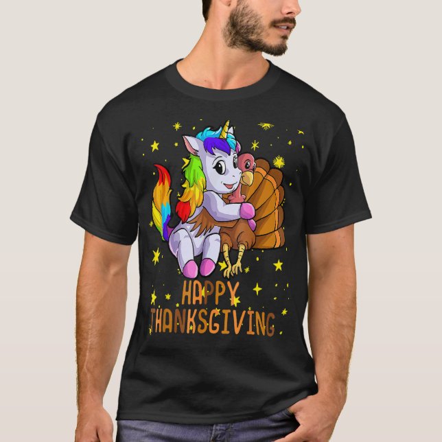 Cute Unicorn Hugs Turkey Happy Thanksgiving Girls T-Shirt (Front)