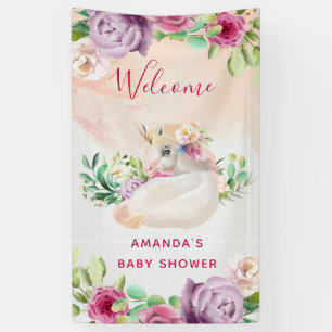 Cute Unicorn Illustration Flowers Girl Baby Shower Banner