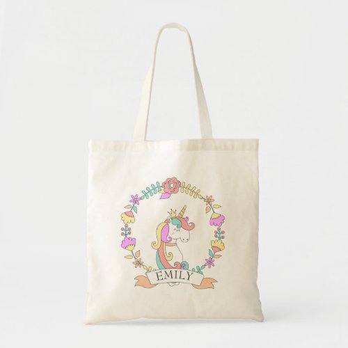 Cute Unicorn Illustration Girls Name Tote Bag