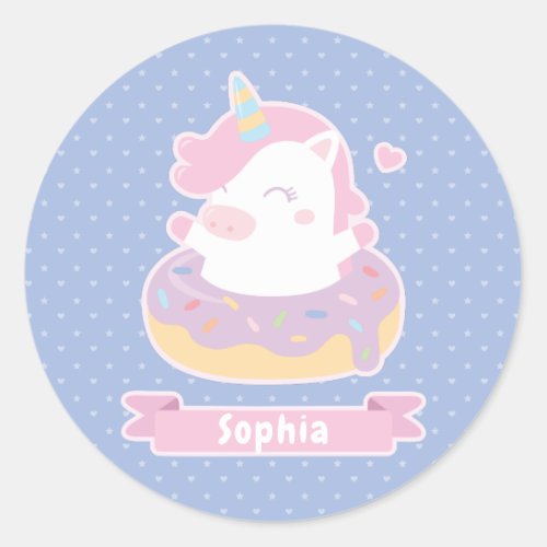 Cute Unicorn in Donut Girls Personalized Sticker