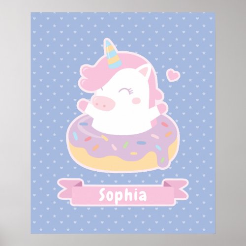 Cute Unicorn in Donut Girls Room Wall Decor Poster