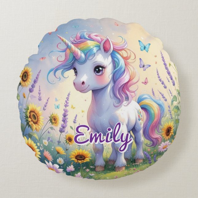 Cute Unicorn in Flower Garden Round Pillow  (Front)