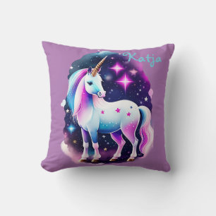 cute unicorn in front of a sparkling starry sky throw pillow